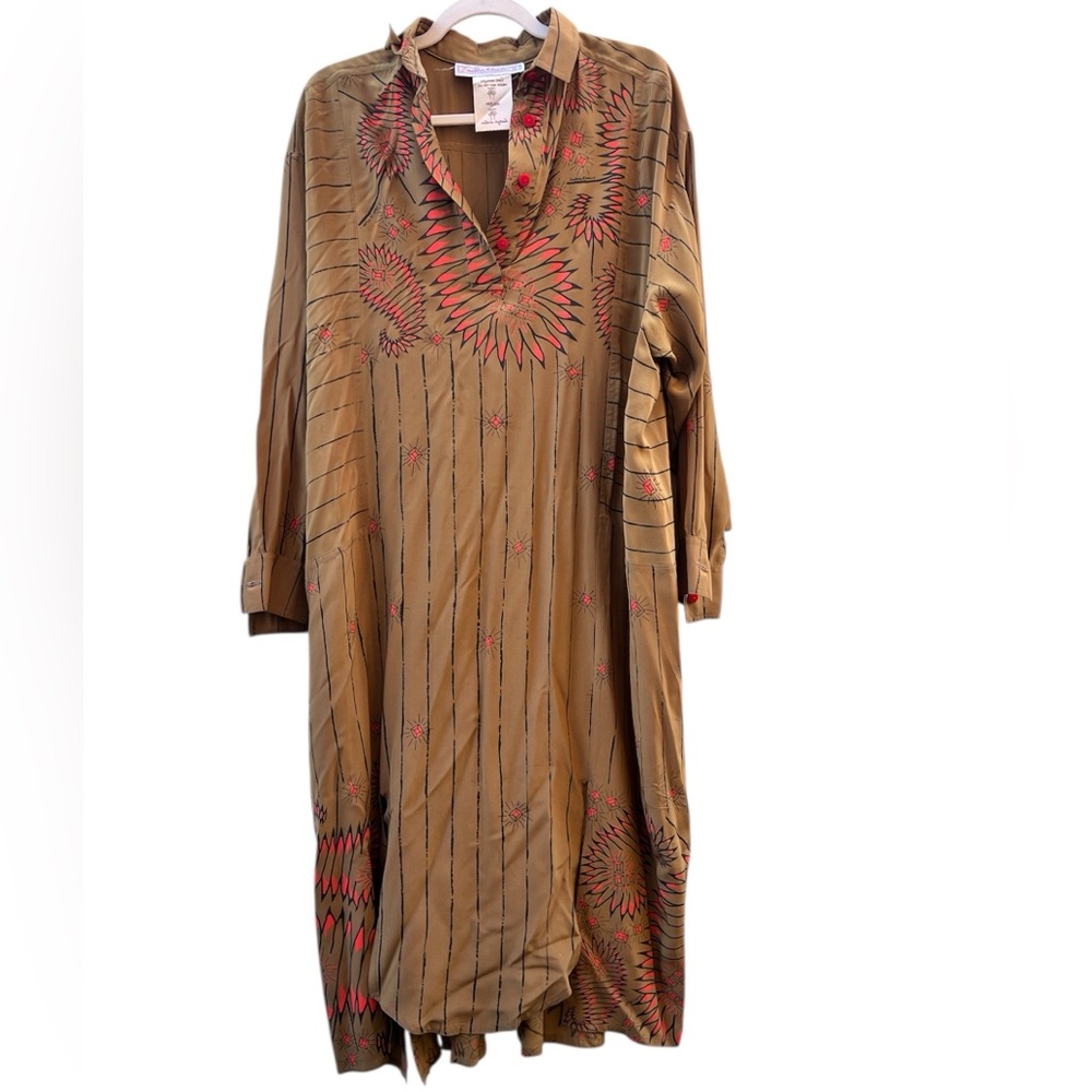 Vintage Zandra Rhodes Brown Floral 100% Silk Shift Midi Dress Made in England‎